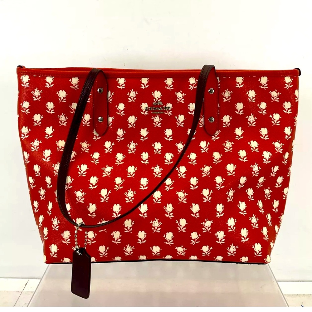 Coach Red & White Floral Tote Shoulder Bag